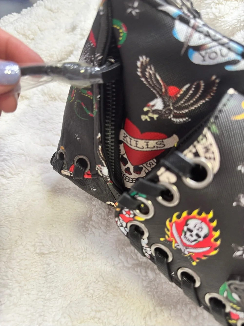 Ed Hardy Black Multicolor Tattoo-Print Crossbody Bag with Grommet Trim